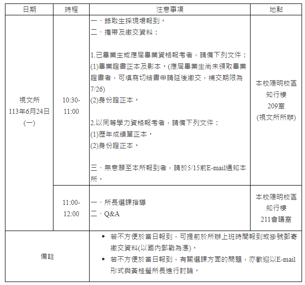 國立陽明交通大學視覺文化研究所113學年度碩士班新生報到日程表